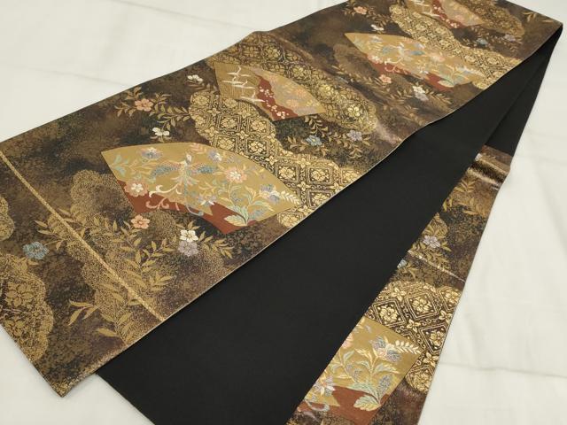 平和屋着物▼六通柄袋帯 地紙花鳥文 黒地 金糸 正絹 逸品 AABI3395wj