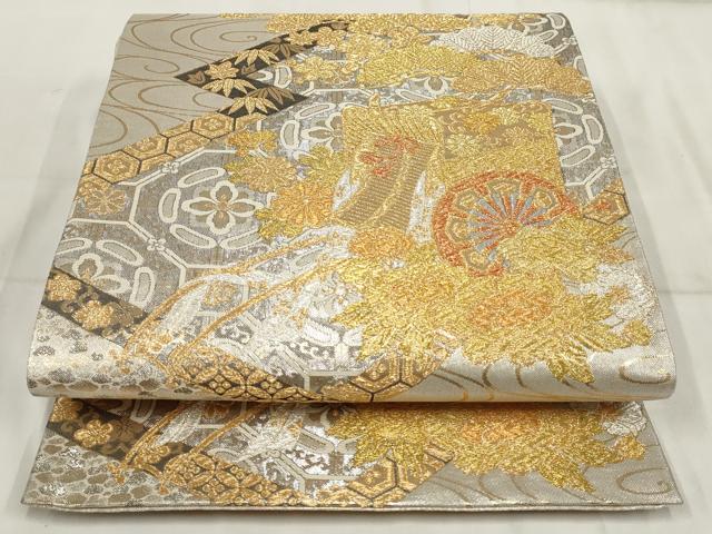 平和屋着物▼六通柄袋帯 御所車花文 松竹梅 金銀糸 正絹 逸品 AABI3408wj