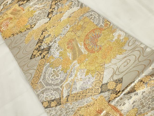 平和屋着物▼六通柄袋帯 御所車花文 松竹梅 金銀糸 正絹 逸品 AABI3408wj