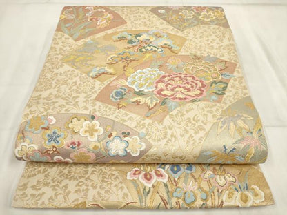 平和屋着物▼六通柄袋帯 千都錦 花扇面 金糸 正絹 逸品 AABI3416wj