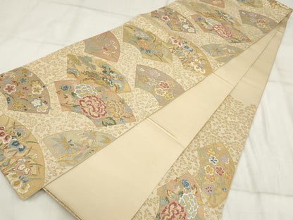 平和屋着物▼六通柄袋帯 千都錦 花扇面 金糸 正絹 逸品 AABI3416wj