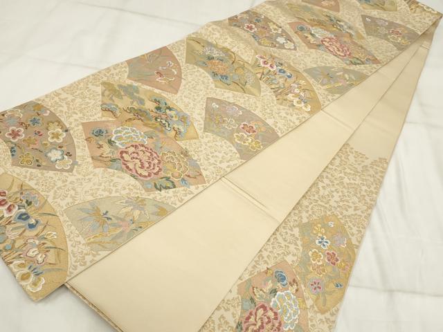 平和屋着物▼六通柄袋帯 千都錦 花扇面 金糸 正絹 逸品 AABI3416wj