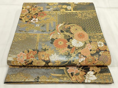 平和屋着物▼六通柄袋帯 違棚花丸紋 金糸 正絹 逸品 AABI3431wj