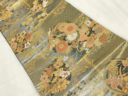 平和屋着物▼六通柄袋帯 違棚花丸紋 金糸 正絹 逸品 AABI3431wj