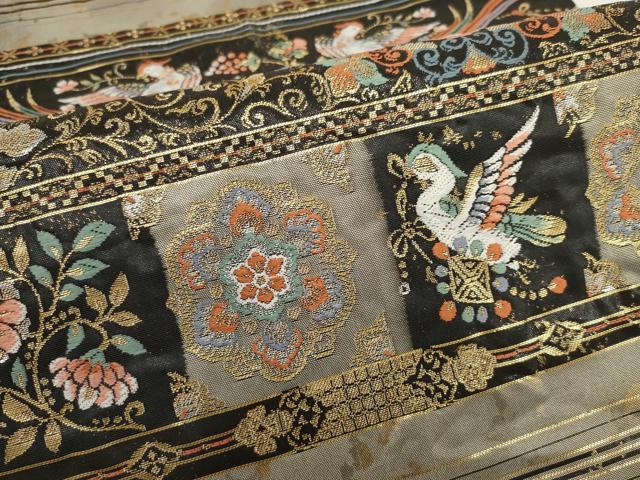平和屋着物▼六通柄袋帯 横段花鳥文 黒地 金銀糸 正絹 逸品 AABI3432wj