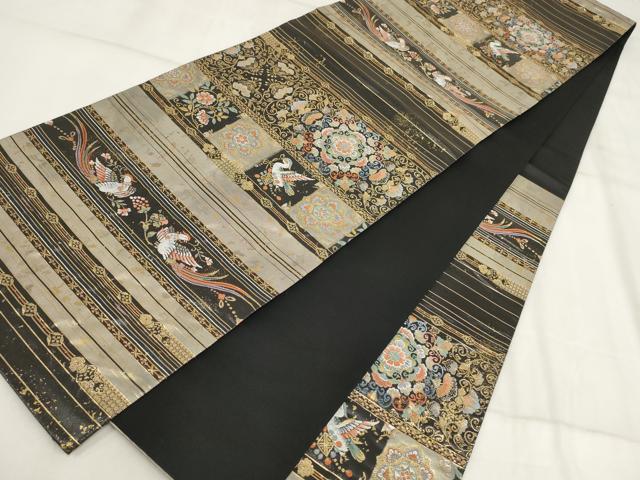 平和屋着物▼六通柄袋帯 横段花鳥文 黒地 金銀糸 正絹 逸品 AABI3432wj