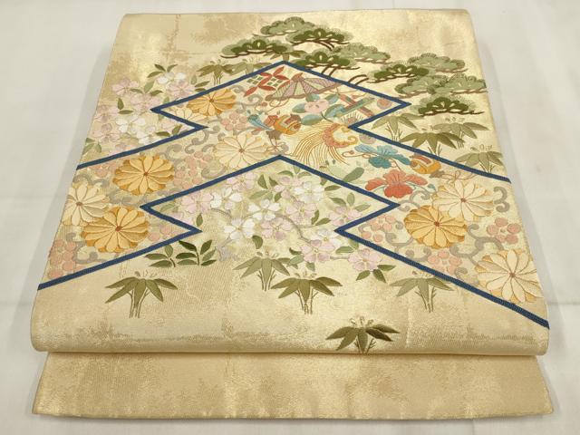 平和屋着物▼総刺繍 袋帯 松竹梅 幾何学花文 金糸 正絹 逸品 AABI3438wj