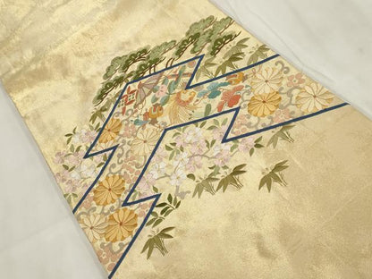 平和屋着物▼総刺繍 袋帯 松竹梅 幾何学花文 金糸 正絹 逸品 AABI3438wj