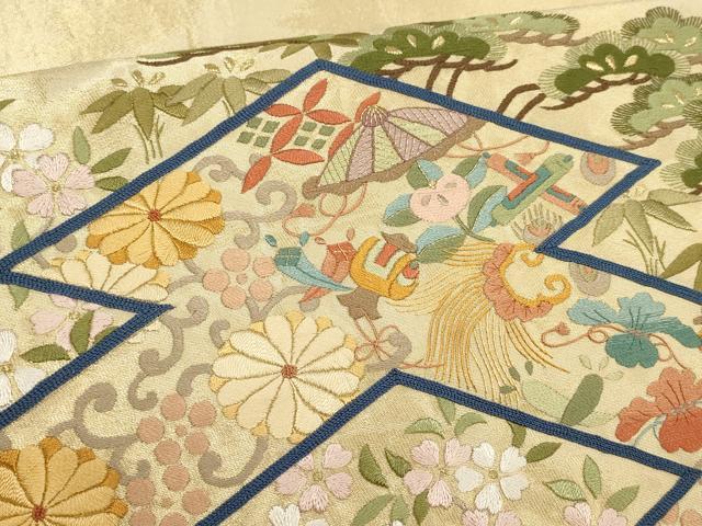 平和屋着物▼総刺繍 袋帯 松竹梅 幾何学花文 金糸 正絹 逸品 AABI3438wj