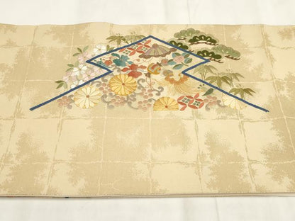 平和屋着物▼総刺繍 袋帯 松竹梅 幾何学花文 金糸 正絹 逸品 AABI3438wj