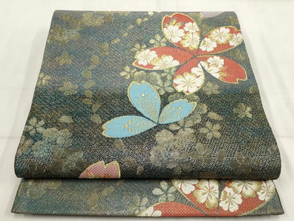 平和屋着物▼六通柄袋帯 舞桜文 金糸 正絹 逸品 AABI3447wj