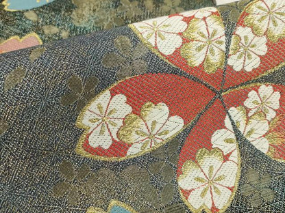 平和屋着物▼六通柄袋帯 舞桜文 金糸 正絹 逸品 AABI3447wj