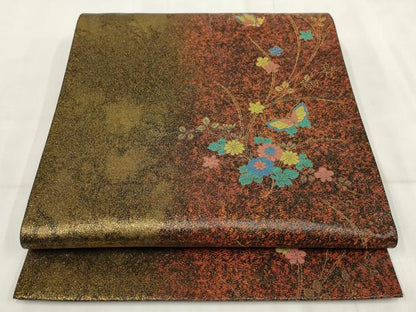 平和屋本店▼六通柄袋帯 グラスクラフト 花蝶文 黒地 金糸 正絹 逸品 AABI3465wj