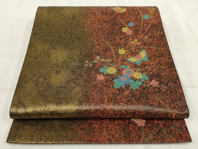 平和屋本店▼六通柄袋帯 グラスクラフト 花蝶文 黒地 金糸 正絹 逸品 AABI3465wj