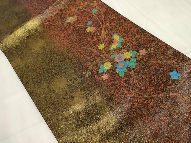 平和屋本店▼六通柄袋帯 グラスクラフト 花蝶文 黒地 金糸 正絹 逸品 AABI3465wj
