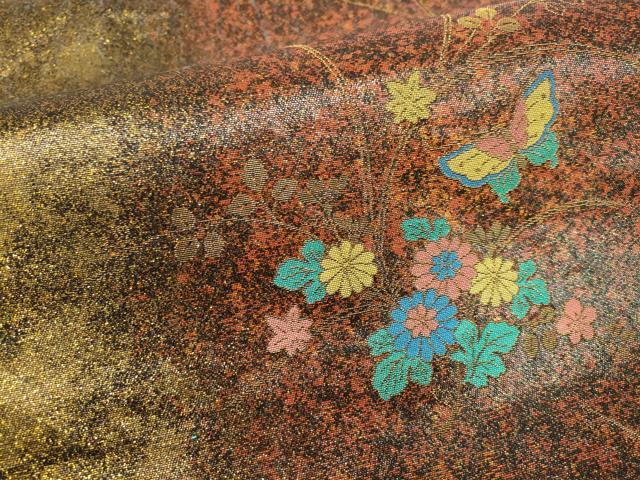 平和屋本店▼六通柄袋帯 グラスクラフト 花蝶文 黒地 金糸 正絹 逸品 AABI3465wj