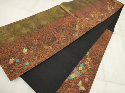 平和屋本店▼六通柄袋帯 グラスクラフト 花蝶文 黒地 金糸 正絹 逸品 AABI3465wj