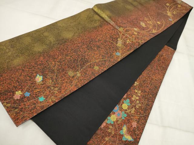 平和屋本店▼六通柄袋帯 グラスクラフト 花蝶文 黒地 金糸 正絹 逸品 AABI3465wj