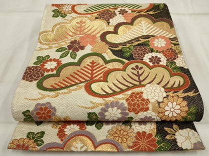 平和屋着物▼六通柄袋帯　草花文　松　金糸　正絹　逸品　AABI3543wj