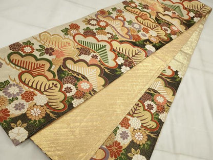 平和屋着物▼六通柄袋帯　草花文　松　金糸　正絹　逸品　AABI3543wj