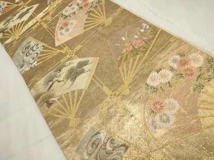 平和屋着物▼六通柄袋帯 扇面花文 金糸 正絹 逸品 AABI3579wj