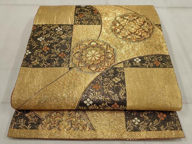 平和屋着物▼六通柄袋帯 市松吉祥花文 金糸 正絹 逸品 AABI3582wj