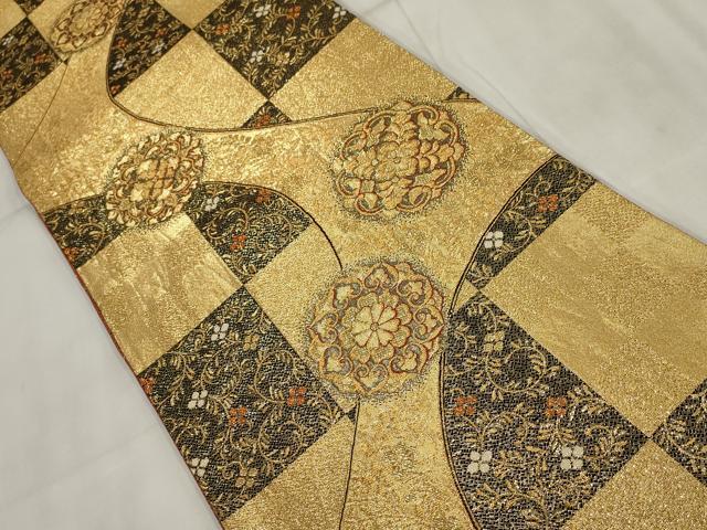 平和屋着物▼六通柄袋帯 市松吉祥花文 金糸 正絹 逸品 AABI3582wj