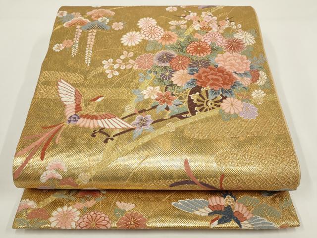 平和屋着物▼六通柄袋帯 唐織 絵巻 加賀琳派瑞鳥紋 金糸 正絹 逸品 AABI3601wj
