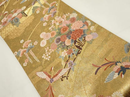 平和屋着物▼六通柄袋帯 唐織 絵巻 加賀琳派瑞鳥紋 金糸 正絹 逸品 AABI3601wj