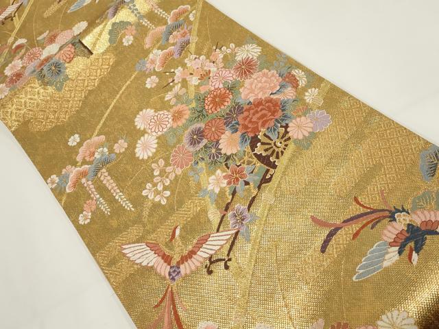 平和屋着物▼六通柄袋帯 唐織 絵巻 加賀琳派瑞鳥紋 金糸 正絹 逸品 AABI3601wj