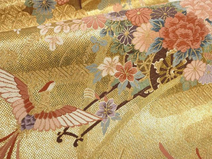 平和屋着物▼六通柄袋帯 唐織 絵巻 加賀琳派瑞鳥紋 金糸 正絹 逸品 AABI3601wj