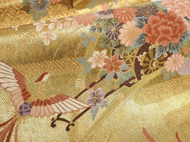 平和屋着物▼六通柄袋帯 唐織 絵巻 加賀琳派瑞鳥紋 金糸 正絹 逸品 AABI3601wj