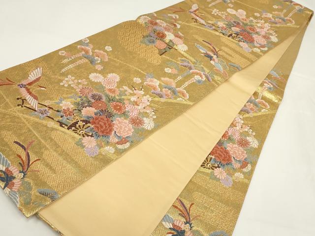 平和屋着物▼六通柄袋帯 唐織 絵巻 加賀琳派瑞鳥紋 金糸 正絹 逸品 AABI3601wj