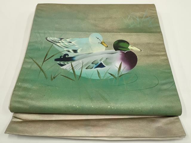 平和屋着物▼太鼓柄袋帯　作家物　手描き　鴛鴦　正絹　逸品　AABI3618wj