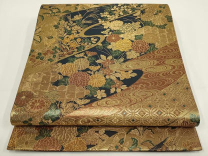 平和屋着物▼六通柄袋帯　流水花文　金銀糸　正絹　逸品　AABI3619wj