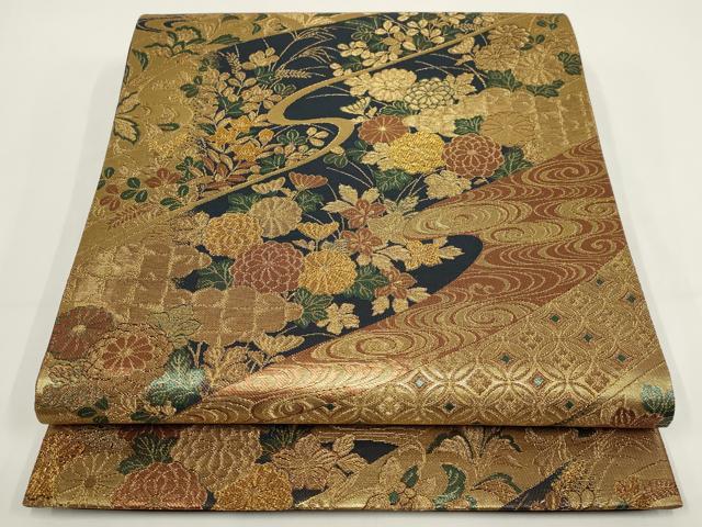 平和屋着物▼六通柄袋帯　流水花文　金銀糸　正絹　逸品　AABI3619wj