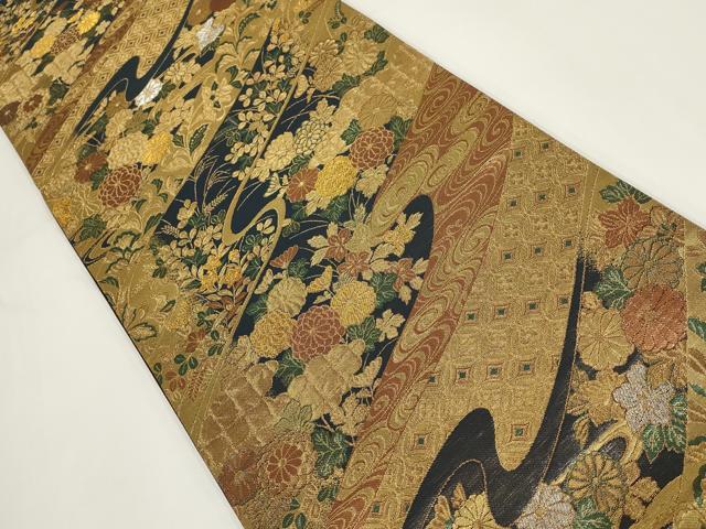 平和屋着物▼六通柄袋帯　流水花文　金銀糸　正絹　逸品　AABI3619wj
