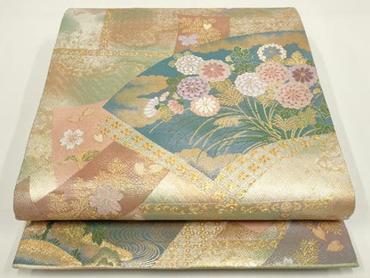 平和屋着物▼六通柄袋帯　地紙草花文　金銀糸　正絹　逸品　AABI3637wj