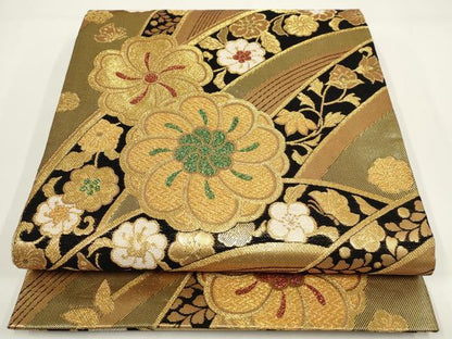 平和屋着物▼両面六通柄袋帯　吉祥花文　金糸　正絹　逸品　AABI3639wj