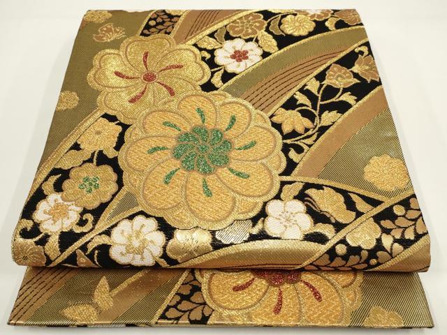 平和屋着物▼両面六通柄袋帯　吉祥花文　金糸　正絹　逸品　AABI3639wj
