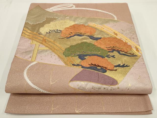 平和屋着物▼総刺繍　袋帯　駒刺繍　鬘帯松文　金通し地　正絹　逸品　AABI3663wj