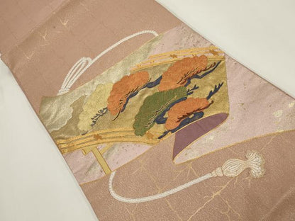 平和屋着物▼総刺繍　袋帯　駒刺繍　鬘帯松文　金通し地　正絹　逸品　AABI3663wj