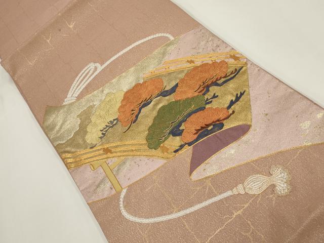 平和屋着物▼総刺繍　袋帯　駒刺繍　鬘帯松文　金通し地　正絹　逸品　AABI3663wj