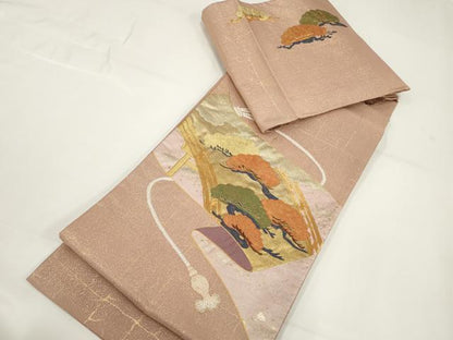 平和屋着物▼総刺繍　袋帯　駒刺繍　鬘帯松文　金通し地　正絹　逸品　AABI3663wj