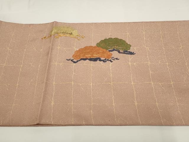 平和屋着物▼総刺繍　袋帯　駒刺繍　鬘帯松文　金通し地　正絹　逸品　AABI3663wj