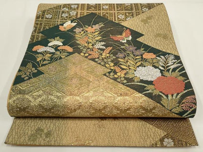 平和屋着物▼六通柄袋帯 花蝶文 金銀糸 正絹 逸品 AABI3674wj