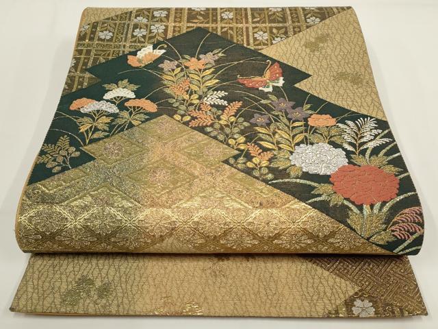 平和屋着物▼六通柄袋帯 花蝶文 金銀糸 正絹 逸品 AABI3674wj