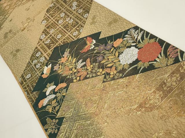 平和屋着物▼六通柄袋帯 花蝶文 金銀糸 正絹 逸品 AABI3674wj