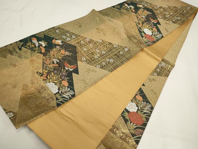 平和屋着物▼六通柄袋帯 花蝶文 金銀糸 正絹 逸品 AABI3674wj
