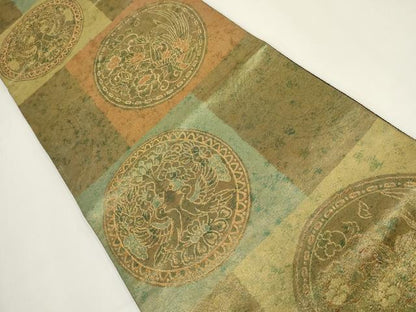 平和屋着物▼六通柄袋帯 市松花鳥丸文 金糸 正絹 逸品 AABI3682wj